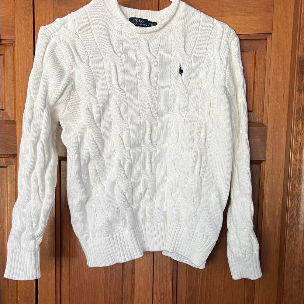 Polo by Ralph Lauren White Cable-Knit Crewneck Sweater with Navy Pony